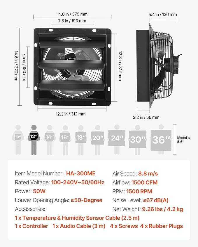VEVOR 12 inch Exhaust Fan, Wall Mounted Attic Fan with Variable Speed, Temperature & Humidity Controller, 1500 CFM, Automatic Shutter