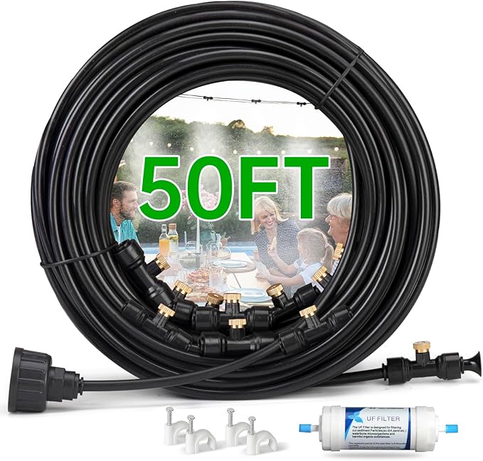 Funpynani 50FT Outdoor Misting Cooling System‌ - Patio Garden Kit with ‌Brass Nozzles & UV Tubing‌, DIY Install for ‌Pool, BBQ, Greenhouse‌, Water-Saving High Pressure Cooler