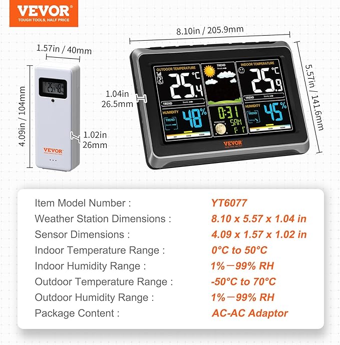 VEVOR Weather Station Indoor Outdoor, 7.5 in Color Display, Wireless Digital Home Weather Station, with Sensor Atomic Clock Adjustable Backlight Forecast Data Calendar Alarm Alert Temperature-NO WiFi