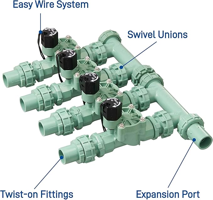 Orbit 57257 4-Valve Preassembled Sprinkler Manifold – Easy Install, Smart Controller Compatible, Works with PVC & Poly Pipe, Includes 4 in-Line Valves