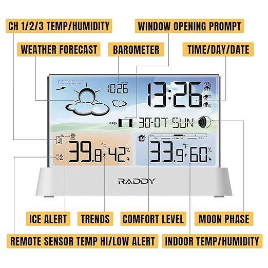 Raddy DT6 Weather Station Indoor Outdoor, Atomic Clock, Digital Color Display Indoor and Outdoor Thermometer Hygrometer, Home Weather Station with Weather Forecast and Barometer