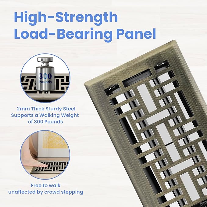 Howeall 4x8 Inches Heavy Duty Walkable Floor Register Easy Adjust Air Supply Lever Floor Vents - Seattle Design - Vent Cover for Home Floor - Antique Brass