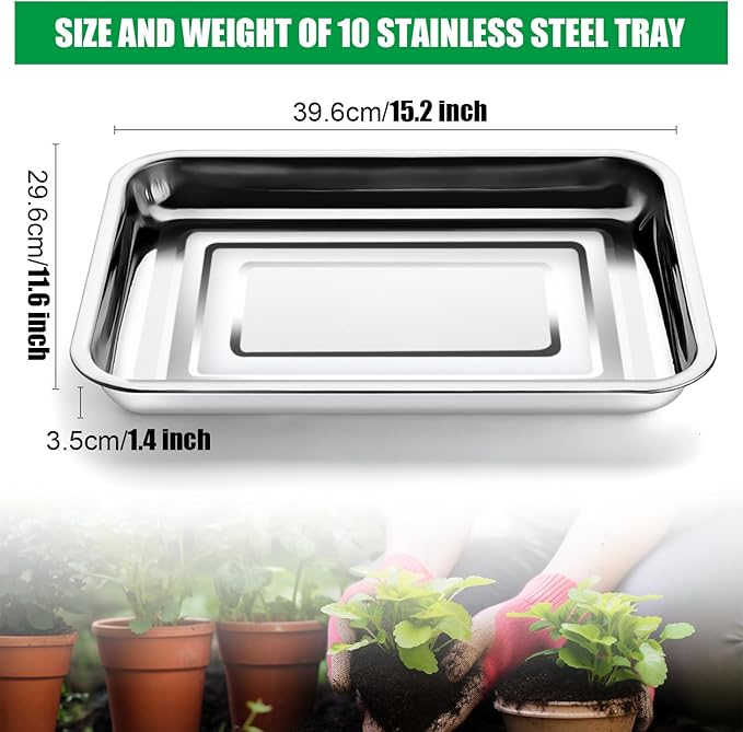 RooTrimmer Stainless Steel Plant Trays, 5 Pack Multi-Purpose Tray for Indoor Outdoor Plants, Seed Starting Tray for Potted Plants(11.6 inch×15.2 inch, 1.45" Height, 5-Pack)