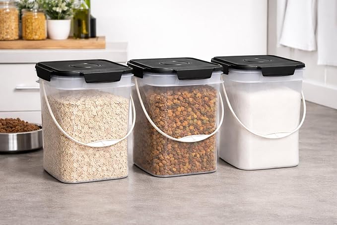 House Naturals 4 Gallon Square Food Grade Bucket Pail with Plastic Handles and Lid (Pack of 3) (Clear - Black lids)