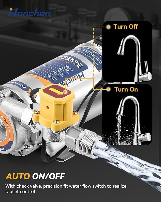 Hanchen Water Pressure Booster Pump SUS 304 Pump Head, 1/4 HP Automatic Home Booster Pump with Flow Switch