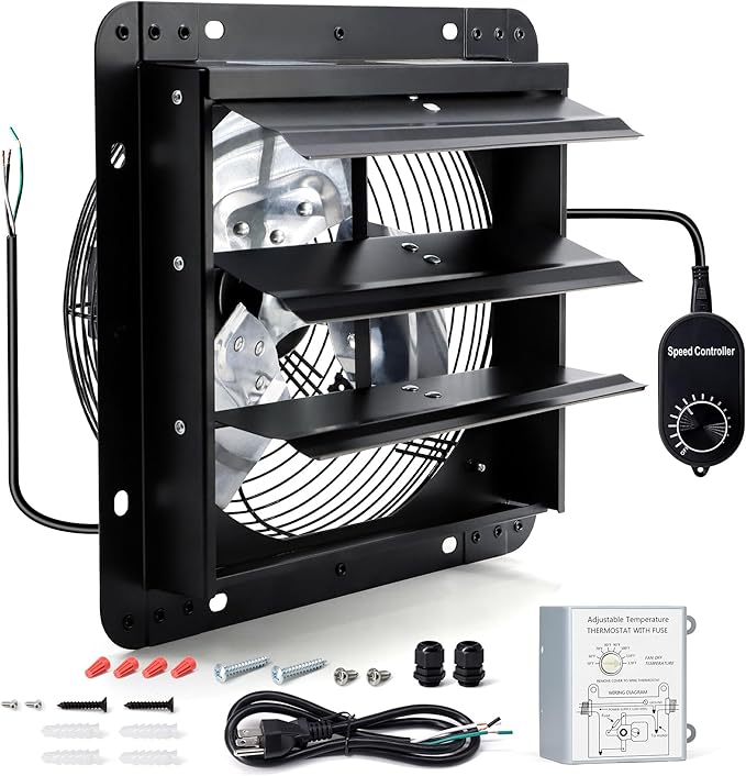 12 Inch Wall Mounted Shutter Exhaust Fan with Thermostat and Speed Controller for Attic, Greenhouse, Shed, Garage, Chicken Coop, Shop, Barn Ventilation, 970 CFM Louvered Vent Fan, Black