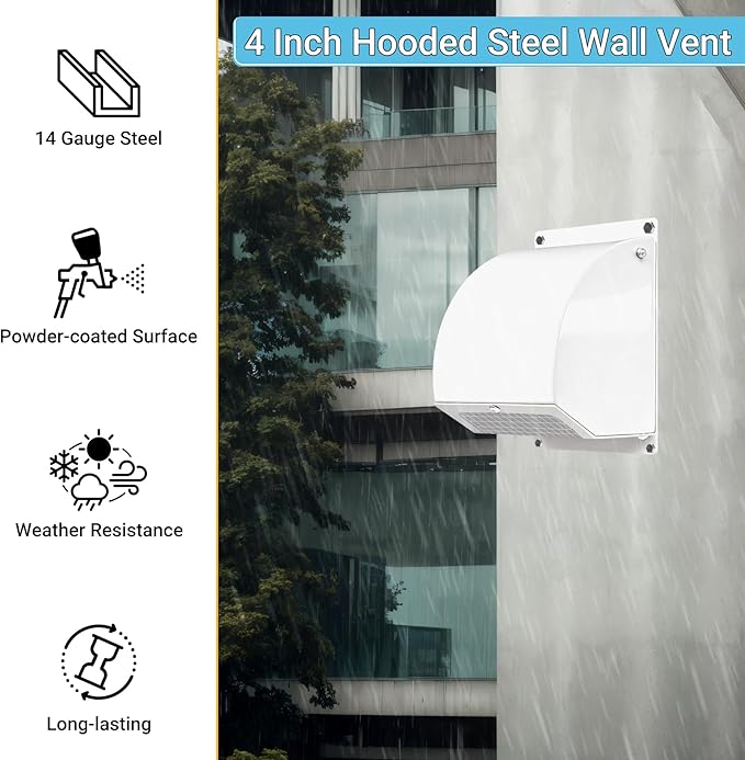 Neoaider 4 Inch Dryer Vent with Screen and Damper, 14GA/2MM Thick Heavy-Duty Steel Dryer Vent Cover, Dryer Vent Cover Outside for Dryer Ventilation and Outdoor Air Exhaust, White