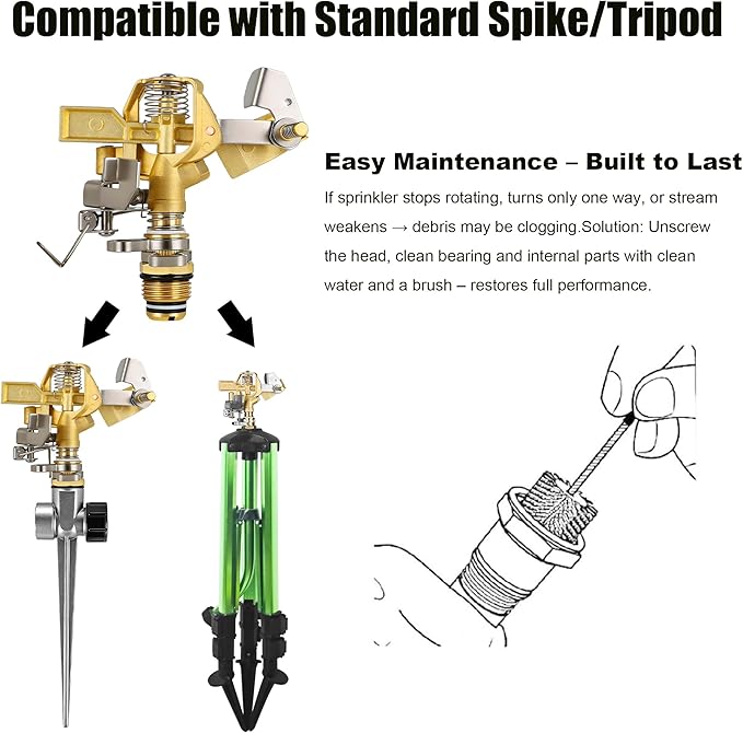 Triumpeek 2-Piece 1/2" Brass Impact Sprinkler Heads, Heavy Duty Adjustable 0-360° Pattern, Long Range Sprinkler for Lawn & Garden Irrigation, Large Area Watering Coverage