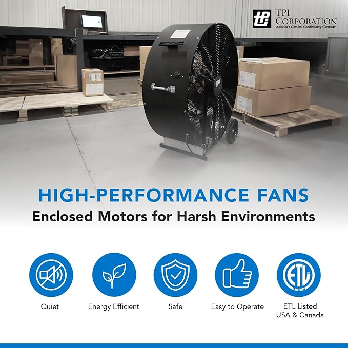 TPI Corporation CACU30-PO-HD Commercial Heavy Duty Oscillating Fan, Unassembled w/Pedestal Kit, 30" Blade Diameter, 3 Speed 1/3 HP Motor, 9' Cordset, Black