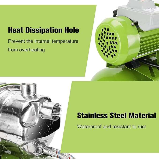3/4HP Shallow Well Pump with Pressure Tank, 115V, Stainless Steel Irrigation, Automatic Water Booster Jet Pump for Home, Garden, and Lawn Use – Reliable Water Supply Solution