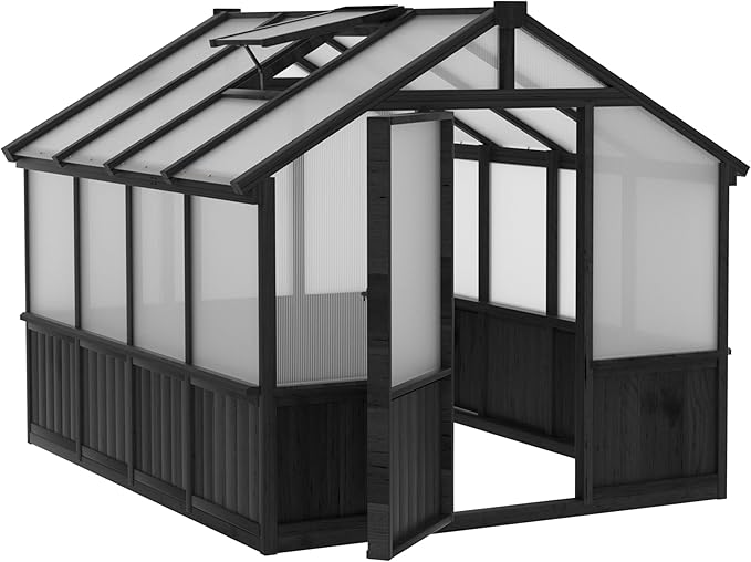 Yardenaler 8x8 FT Greenhouse Kit for Outdoor, 6MM Thick Polycarbonate Panel Wooden Walk-in Green House with Lockable Door and Adjustable Roof Vent, Backyard Garden, Black
