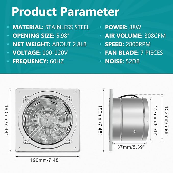 HG Power 6 Inch Exhaust Fan: Kitchen Exhaust Fans with Power Cord Attic vent Fan with Damper Wall Small Fume Extractor Ventilation Fan for Shop Chicken Coop Basement Smoking Room Garage Silver