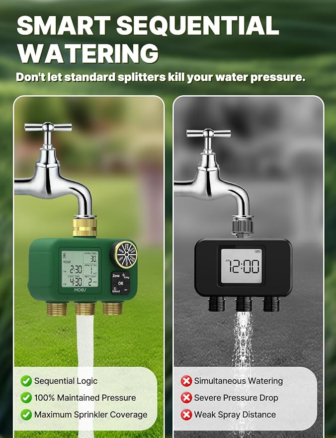 MOES 3 Zone Water Timer for Garden Hose, Heavy Duty Solid Brass Inlet & Outlets, Programmable Sprinkler Timer Battery Operated, 3 Outlet Faucet Valve with Sequential Watering (Non-WiFi)