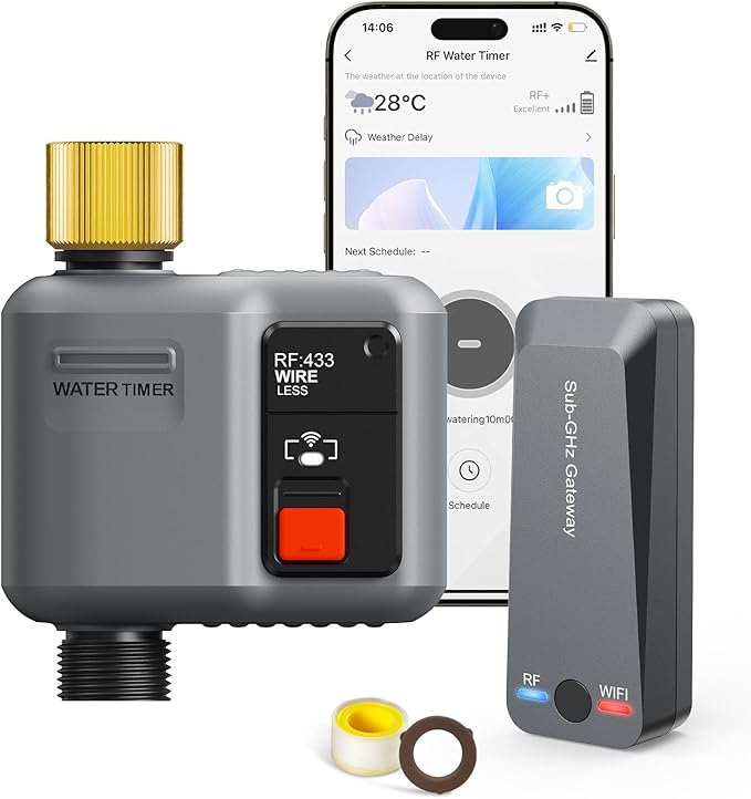 WiFi Sprinkler Timer 1 Zone with 984 Feet RF Gateway, 1 Outlet Dark Gray-Brass Inlet Smart Water Timer for Garden Hose with Rain Delay/Manual/Automatic,WiFi Water Timers for Garden