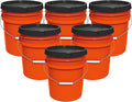 MKS Plastics 5-Gallon Bucket with Airtight Lid – Made in USA, Food Grade BPA Free Plastic, Heavy Duty Multi-Use, Metal Handle with Grip, Stackable Storage – Orange, 6 Pack