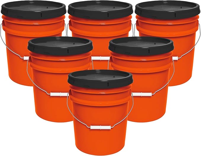 MKS Plastics 5-Gallon Bucket with Airtight Lid – Made in USA, Food Grade BPA Free Plastic, Heavy Duty Multi-Use, Metal Handle with Grip, Stackable Storage – Orange, 6 Pack