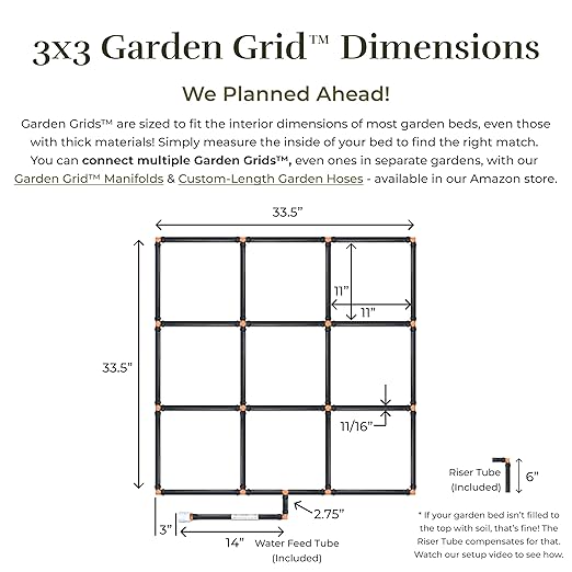 Garden Grid Watering System - 3x3 Standard | Raised Garden Bed Drip Irrigation System – But Better | Pre-Assembled, Waters Every Plant Evenly, 1-Min Setup | Square Foot Gardening | 33.5"x33.5"