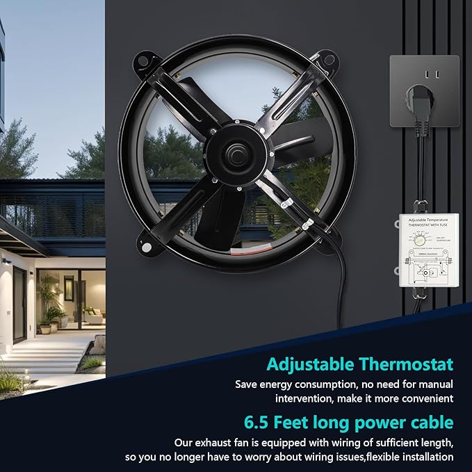 Gable Attic Fan with Thermostat, 16 inch Power Ventilation Fans for Attic Shed Garage Greenhouse Gable Mount Attic Vent Exhaust Fan 1480 RPM,2045 CFM