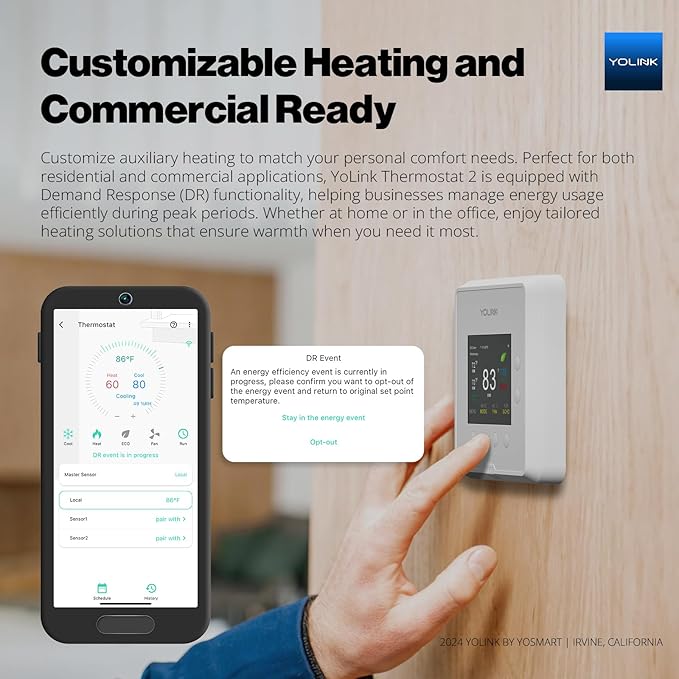 YoLink Thermostat 2, Smart Home & Commercial Thermostat with Dual-Stage Heating & Cooling, Heat Pump Support, External Sensors, Remote App Control, Alexa & Google, LoRa Longest Range, Hub Required
