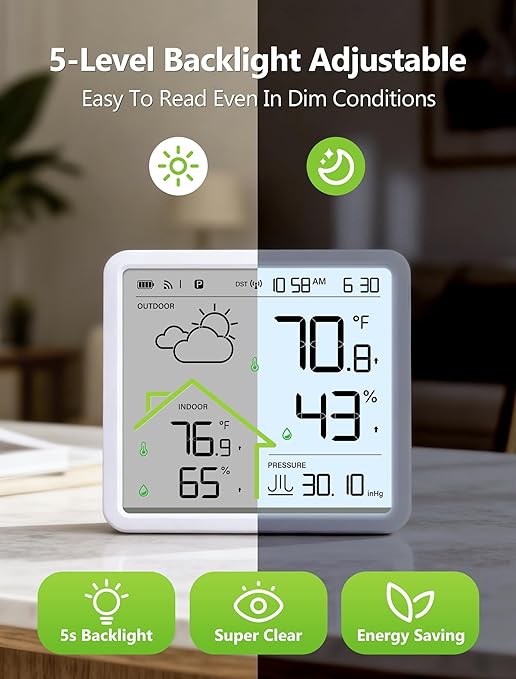 MASHI Rechargeable Weather Station Wireless Indoor Outdoor Thermometer,Atomic Clock with WWVB & 4.3" Backlit Display, Inside Outside Thermometer Wireless, 3-Channel 330ft Range, Accurate Forecast