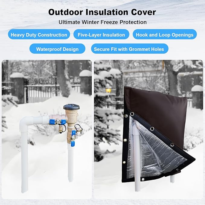 Heavy Duty Backflow Preventer Cover with Two Hook and Loop Openings for Winter Freeze Protection- Outdoor Pipe, Sprinkler, Faucet, and Valve Insulated Cover, 16''W x 20''H- Brown