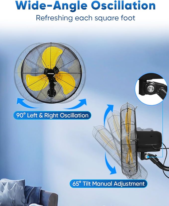 KEN BROWN 20 Inch Industrial Oscillating Wall Mount Fan, 4,460 CFM High Velocity Industrial Wall Fan for Indoor, Commercial, Residential, Warehouse, Greenhouse, Workshop, Basemen
