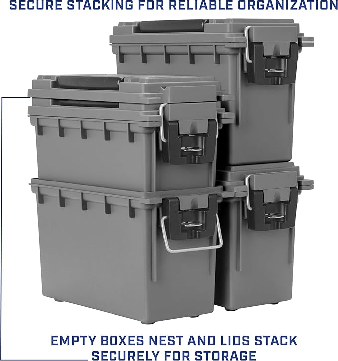 Sheffield 12628 Ammo Storage Box, Stackable .30 Cal Field Boxes, Water and Dust Resistant, Lockable Storage Box with Handle, Secures Hunting Gear, Supplies, and Bullets, Made in USA, | (Pack of 6)