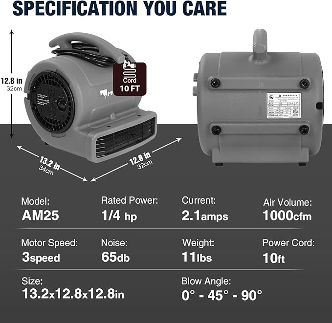 MOUNTO 1/4hp 1000CFM 2 Speed Air Mover Carpet Dryer Floor Fan Cooling Fan (Grey)