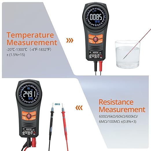 Proster Smart Multimeter Tester - 6000 Counts Multi Meter TRMS AC/DC Voltage & Current NCV Temperature Capacitance Resistance Diode Continuity Frequency Flashlight & Adjustable Screen Backlight