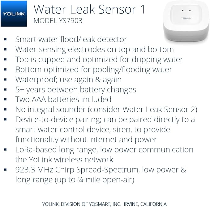 YoLink Water Leak Sensor 3-Pack, LoRa Up to 1/4 Mile Open-Air Range Smart Water Leak & Flood Detector, SMS/Text, Email & Push Notifications, w/Alexa, IFTTT, Home Assistant - YoLink Hub Required