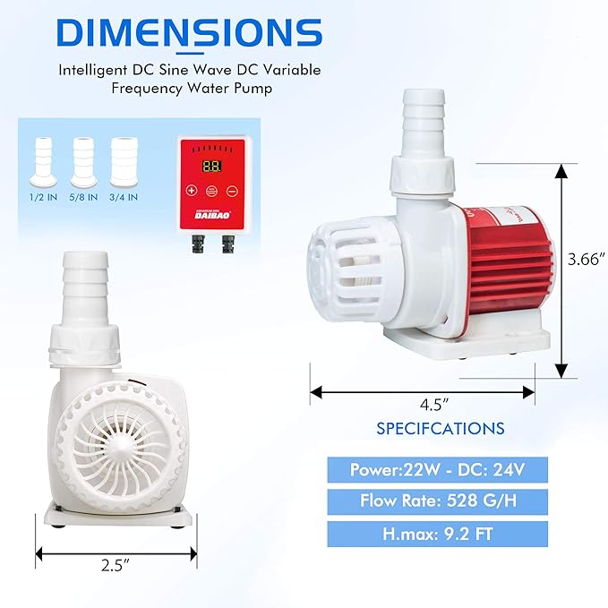 530 GPH Intelligent ECO Amphibious Water Pump - Sine Wave Technology with Controller for Hydroponics & Aquariums,Old model