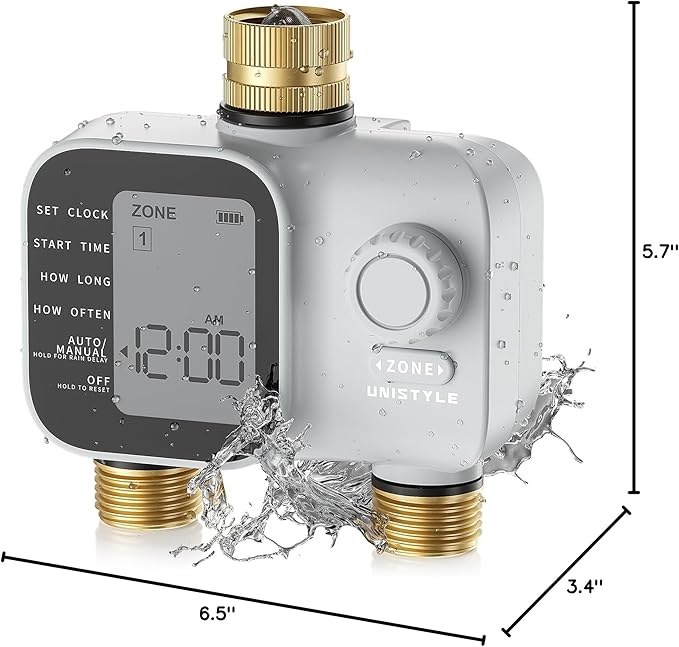 [2026 Upgrade] 2 Zone Sprinkler Timer with Brass Inlets & Outlets, Unistyle Programmable Water Timer for Garden Hose, IP55 Waterproof Hose Timers with Manual Irrigation Timers for Yard and Lawn Patio