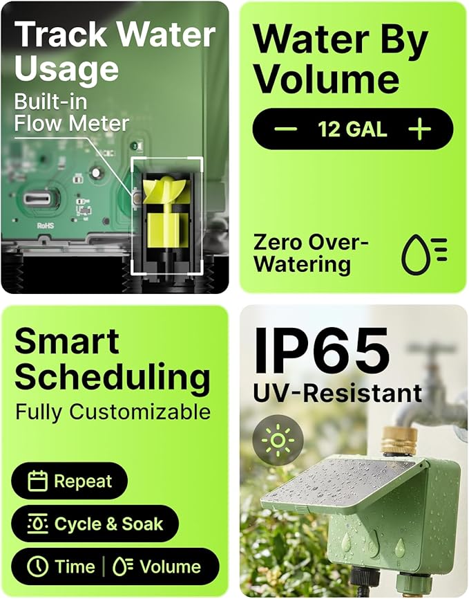 Water Timer for Garden Hose, 2-Zone Solar Sprinkler Controller with Flow Meter, Smart Irrigation System with Rain Delay, Brass Inlet, APP & Voice Control WiFi Hose Timer, No Hub Required