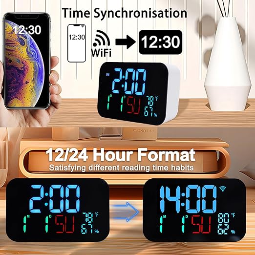Luocute WiFi Smart Clock, Weather Station Alarm Date Day Large Display Brightness Adjustable Thermometer Humidity Digital Clock Compatible with Tuya Smart App, for Home Office (White Shell- Blue