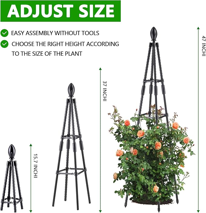 AlisisFores 4 Ft Tower Obelisk Trellis for Potted Climbing Plants, Garden Trellis Rustproof Plastic Coated Metal Plant Support for Vegetables, Vines and Rose Bushes