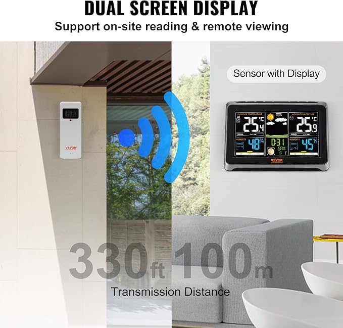 VEVOR Weather Station Indoor Outdoor, 7.5 in Color Display, Wireless Digital Home Weather Station, with Sensor Atomic Clock Adjustable Backlight Forecast Data Calendar Alarm Alert Temperature-NO WiFi