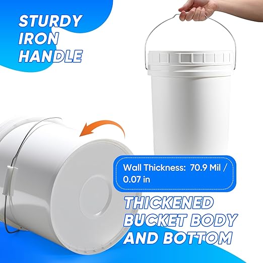 DEMORA 5 Gallon Bucket with Screw Lid, Heavy Duty Plastic Buckets Containers for Food Storage, Plastic Pail with Metal Handle for Water, Cleaning, Car Wash, Paint, Gardening, BPA Free (White, 3 Pack)