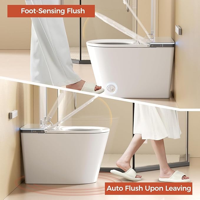 Smart Toilet with Auto Open/Close Lid - ADA Height Heated Seat, Warm Water Bidet, Dryer, Foam Shield, Night Light, Dual Auto Flush, Foot Sensor, Modern Elongated One-Piece Toilet for Bathrooms
