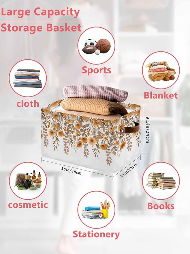 Brown Floral Storage Bins Cubes Waterproof Cloth Storage Basket, Farmhouse Spring Flowers Leaves Foldable Storage Bags for Shelf Closet Clothes Storages Organizers with Handles 15x11x9.5 in 1PCS
