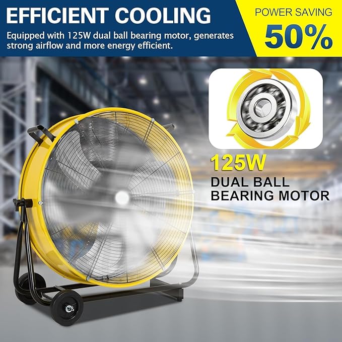 BILT HARD 24" Industrial Drum Fan With DC Motor, 7800 CFM Ultra Quiet Heavy Duty Metal Drum Fan with Adjustable Tilt for Garage, Warehouse, Workshops and Factory, UL Safety Listed