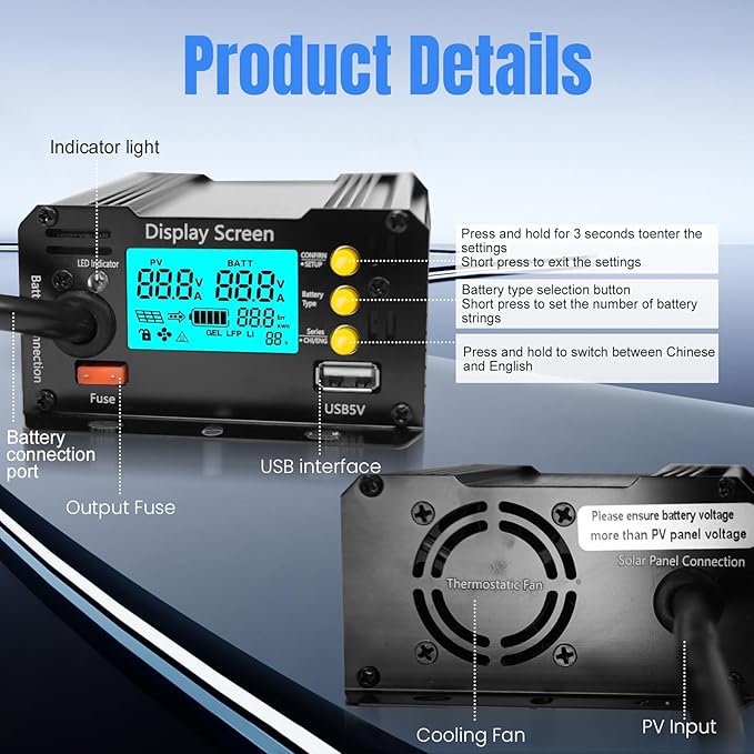 400W Boost MPPT Solar Charge Controller LCD Solar Panel Regulator for24V/36V/48V /60V/72V Lead-Acid, LiFePO4, Gel, Flooded Batteries etc in Golf Cart,eBike,Club Car, Scooterand Solar System