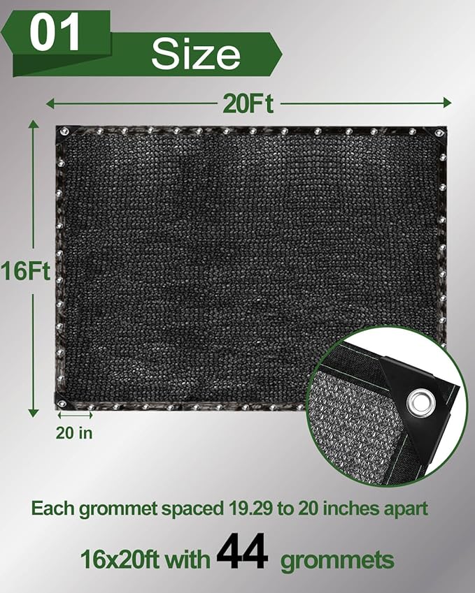 vensovo 50% Sunblock Shade Cloth Net Black Resistant - 16x20 Ft Garden Shade Mesh for Plant Cover, Greenhouse, Chicken Coop, Kennels, Tomatoes Plants