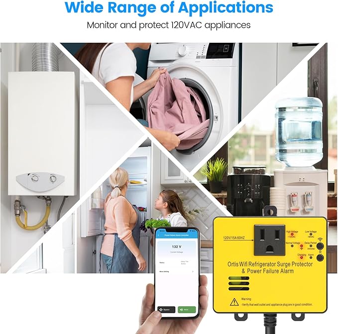 Wi-Fi Smart Power Failure Alarm with Surge Protector, Remotely Monitor and Control Your Refrigerator Via App, Ensuring The Safety of Refrigerator and Food Stored Inside, Yellow