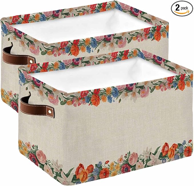 Colorful Roses Floral Storage Bins Cubes Waterproof Cloth Storage Basket,Farmhouse Spring Flowers Vintage Foldable Storage Bags for Shelf Clothes Storages Organizers with Handles 15x11x9.5 in 2PCS