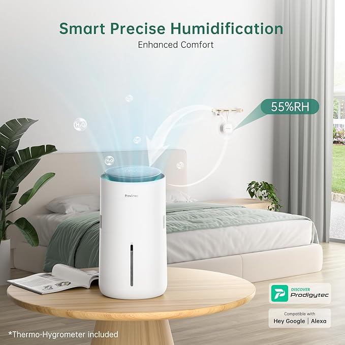 Provirtec MistFree Smart Humidifier for Bedroom, Evaporative Humidifier No White Dust, Auto Humidity & APP Control, 3L Water Tank Easy to Clean, Sleep Mode, Timing, Humidifiers for Home/Office(White)