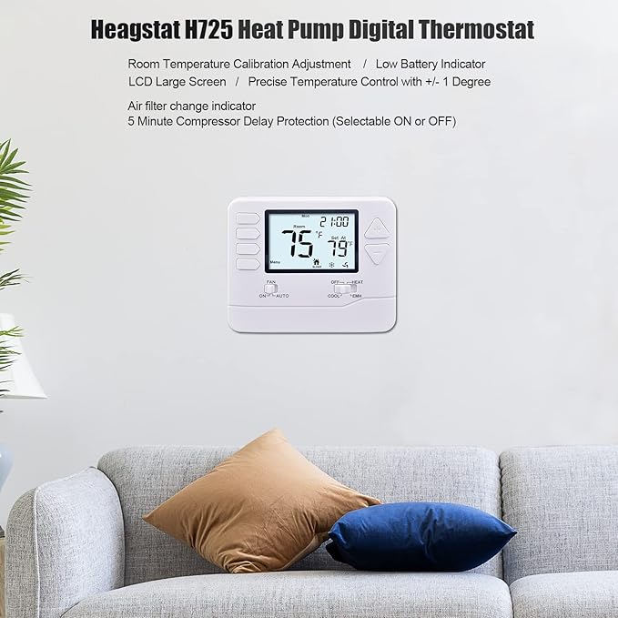 Heagstat H725 5/1/1 Day Programmable Heat Pump Thermostat, 2 Heat/1 Cool DIY Instal, with 4.5 sq. Inch Display