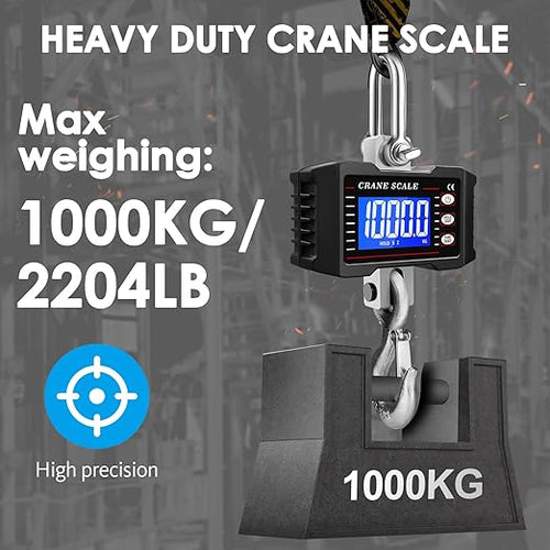 1000kg Heavy Duty Crane Scale, Digital Hanging Scale with Backlit LCD, Data Hold, Tare & Unit Switch, Auto Off, Aluminum Alloy Industrial Scale for Factory Construction Farm