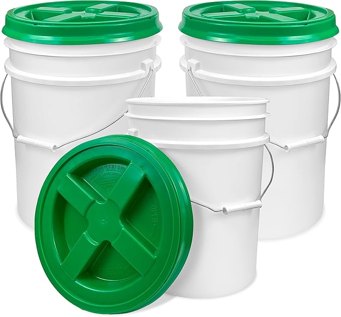 ePackageSupply 5 Gallon Bucket - Food Grade Bucket with Airtight Gamma Seal Screw-On Lid, BPA-Free, Heavy-Duty 90 Mil HDPE Plastic, Bulk Storage, Durable Container, Made in USA, White/Green, 3 Packs