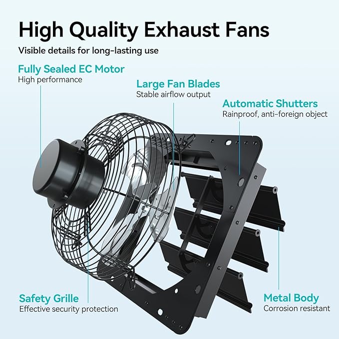 addlon 10 Inch Shutter Exhaust Fan Wall Mounted with EC Motors and Remote Control, Timer, 8 Speeds, 850CFM, Low Noise, Easy to Install, Plug in Ventilation Fan for Garages, Shops, Greenhouse, Attic