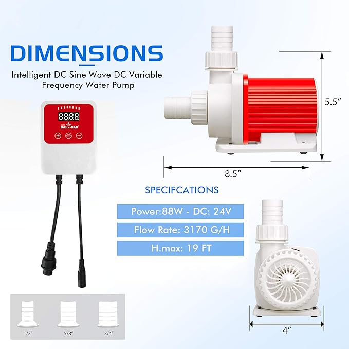 3170 GPH Intelligent ECO Amphibious Water Pump - Sine Wave Technology with Controller for Hydroponics & Aquariums,Old model